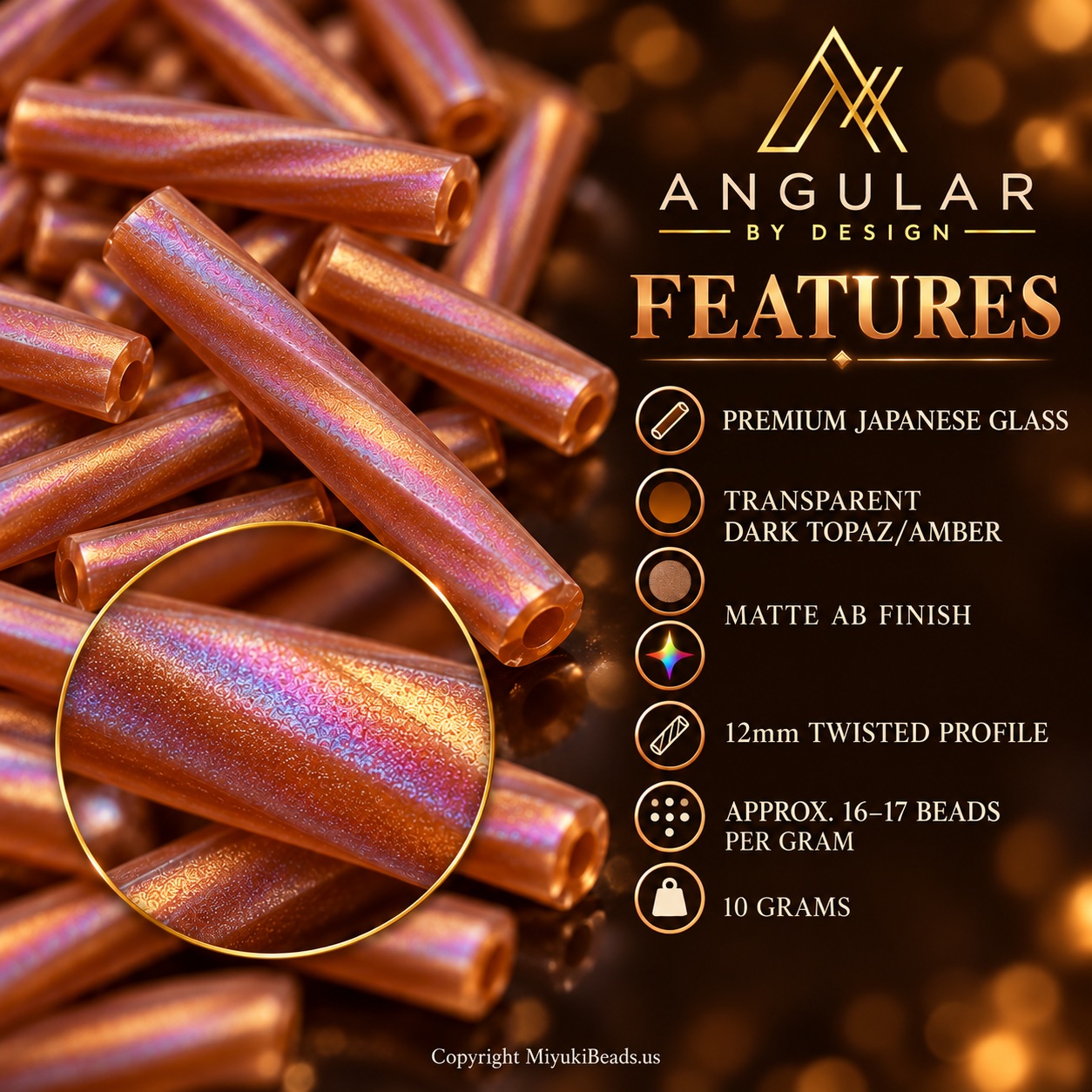 Miyuki BGLTW12-134FR Bugle Beads | Trans Dark Topaz Matte AB, 10g