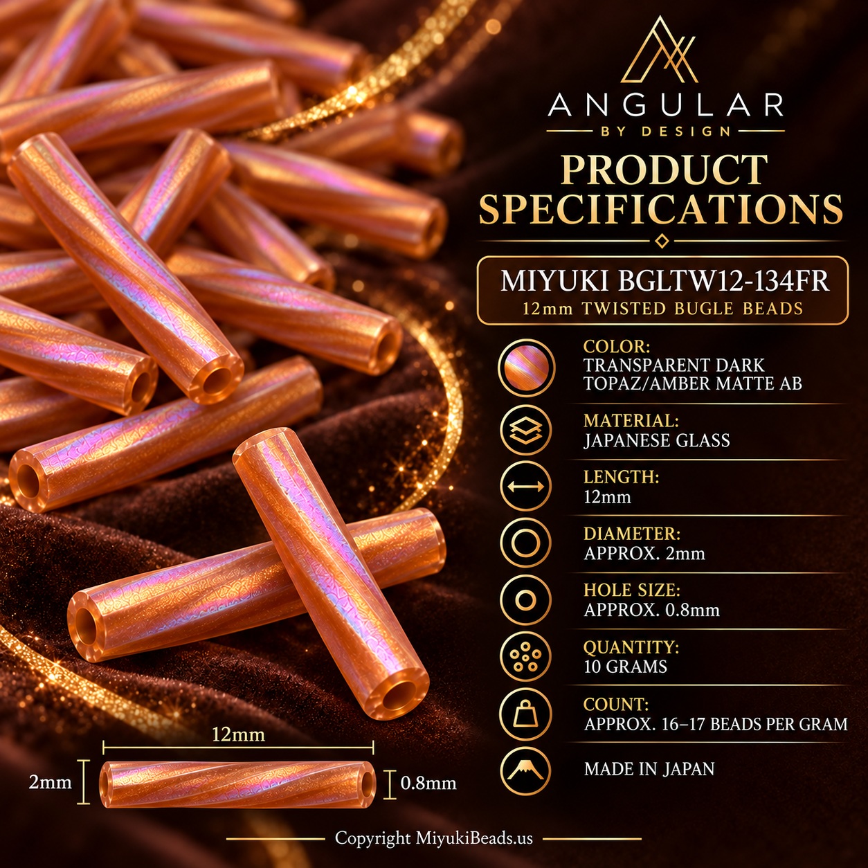 Miyuki BGLTW12-134FR Bugle Beads | Trans Dark Topaz Matte AB, 10g