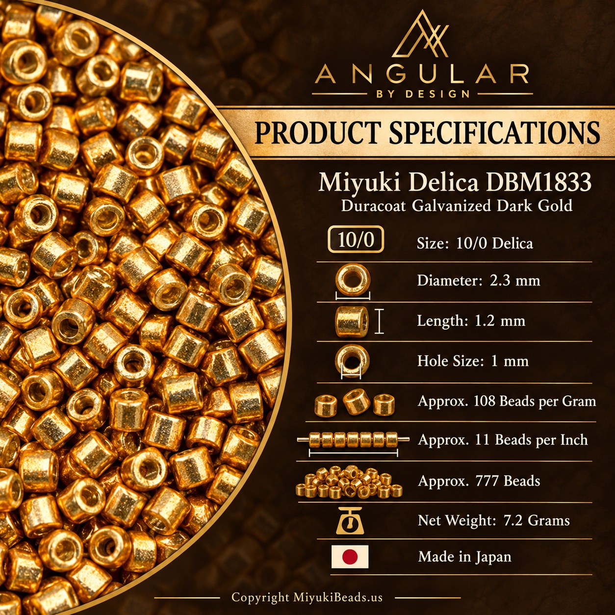 Miyuki Delica DBM1833 | Duracoat Galvanized Dark Gold Detailed Description