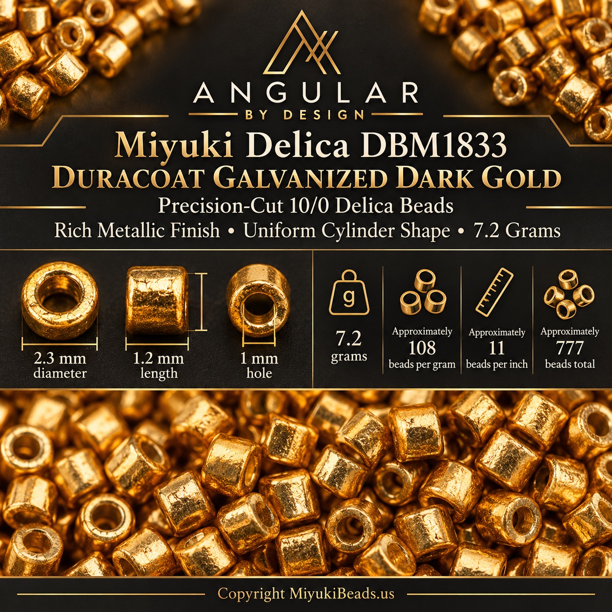 Miyuki Delica DBM1833 | Duracoat Galvanized Dark Gold Product Info